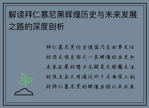 解读拜仁慕尼黑辉煌历史与未来发展之路的深度剖析