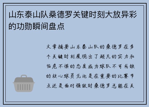 山东泰山队桑德罗关键时刻大放异彩的功勋瞬间盘点